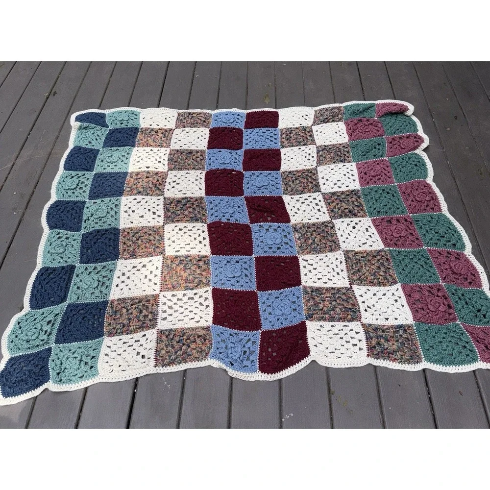 Vintage Handmade Crochet Granny Square Afghan Blanket 60x60 Scalloped Edge